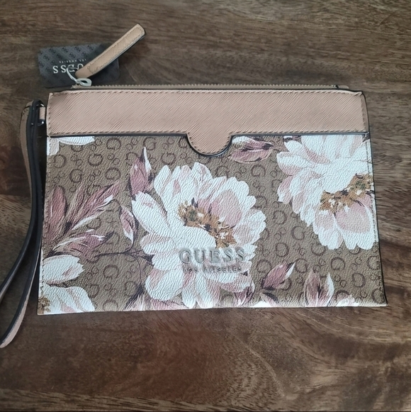 Wristlet Guess Purse Handbag Mocha Floral White Cosmetic Makeup Grab N Go - Picture 3 of 6